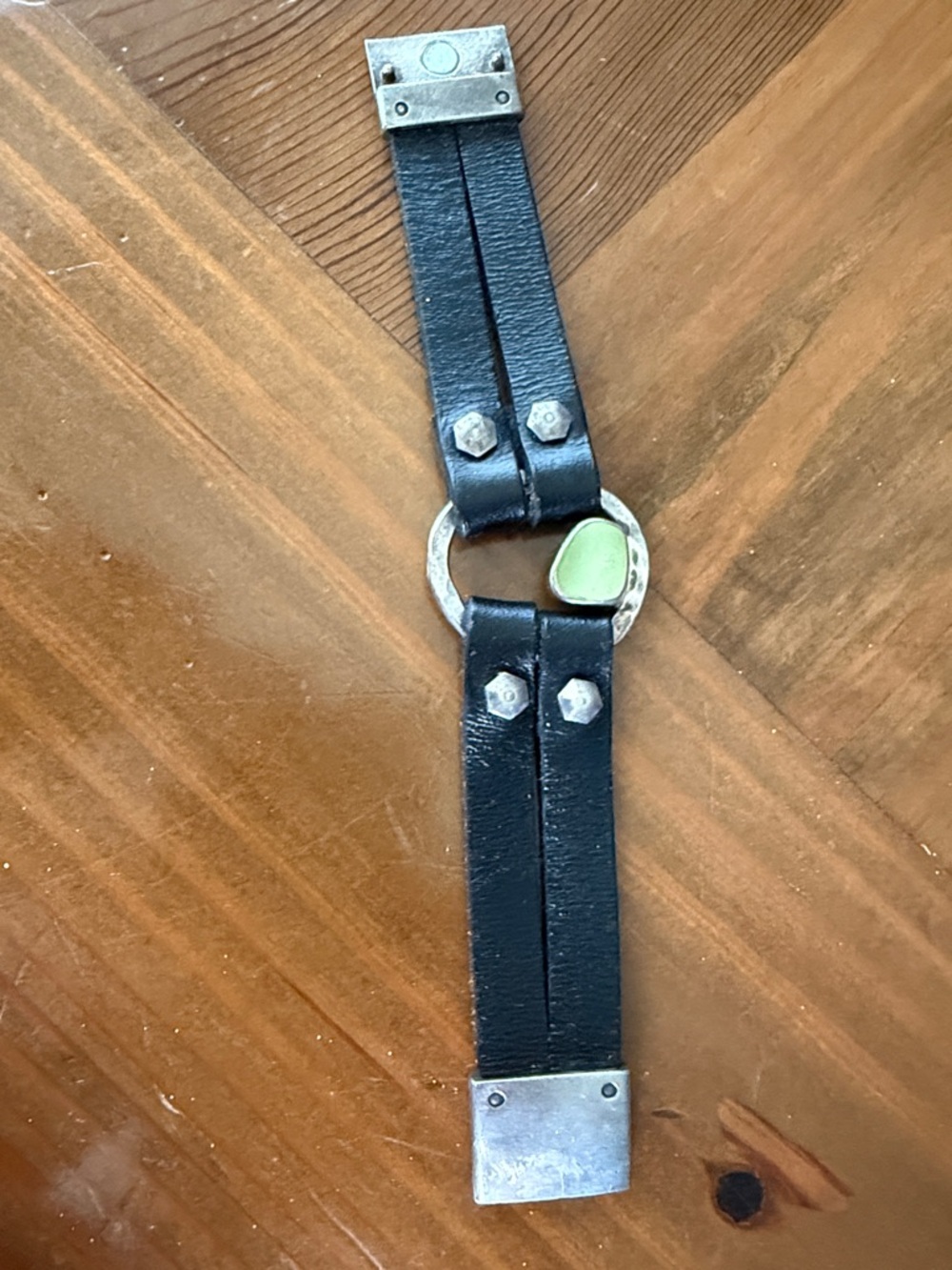 Leather Bracelet with Green stone and sterling Silver Hardware
